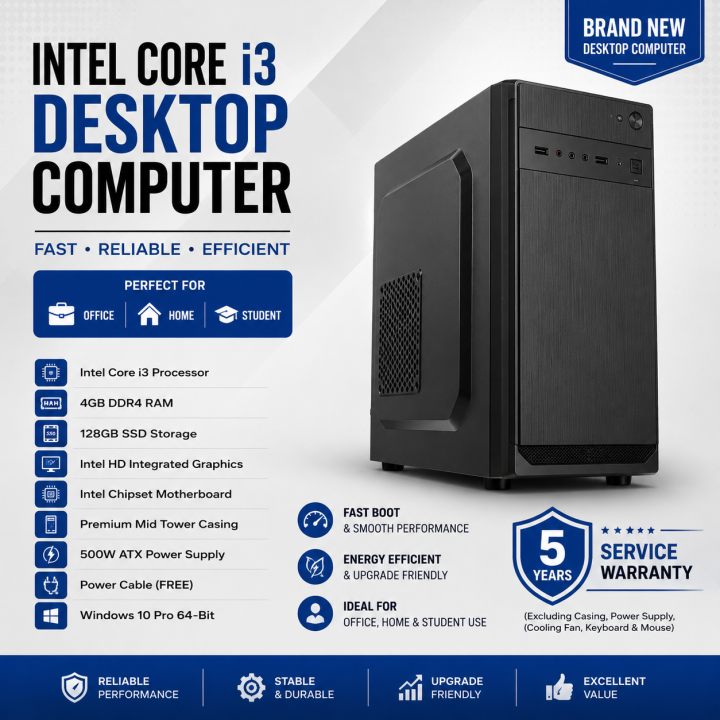 Intel Core i3 4GB RAM 128GB SSD Call Center & Basic Needs Desktop Computer