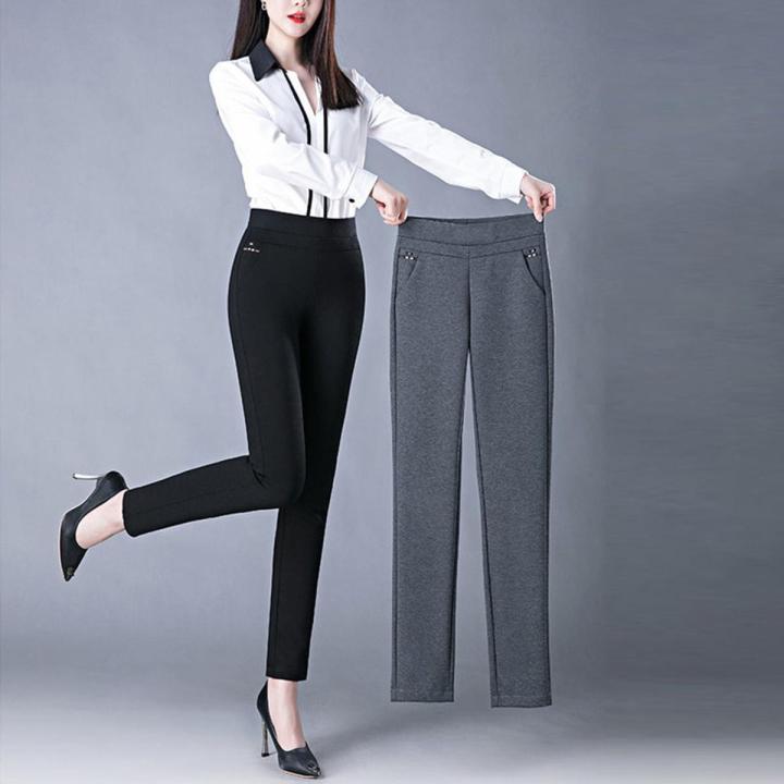 Spring Autumn Elegant High Waist Casual Stretch Slim Middle Aged Women Trousers Ladies Fashion All Match Black Gray Pencil Pants