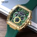 MEGIR Fashion Sport Quartz Watch for Men Waterproof Golden Green Silicone Strap Chronograph Wristwatch with Date Luminous Hands. 
