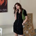 Short Sleeve Dress Women Zipper Pocket Hooded Stylish Solid Dresses Korean-style Street-wear Girls Loose Casual Fashion Ulzzang. 