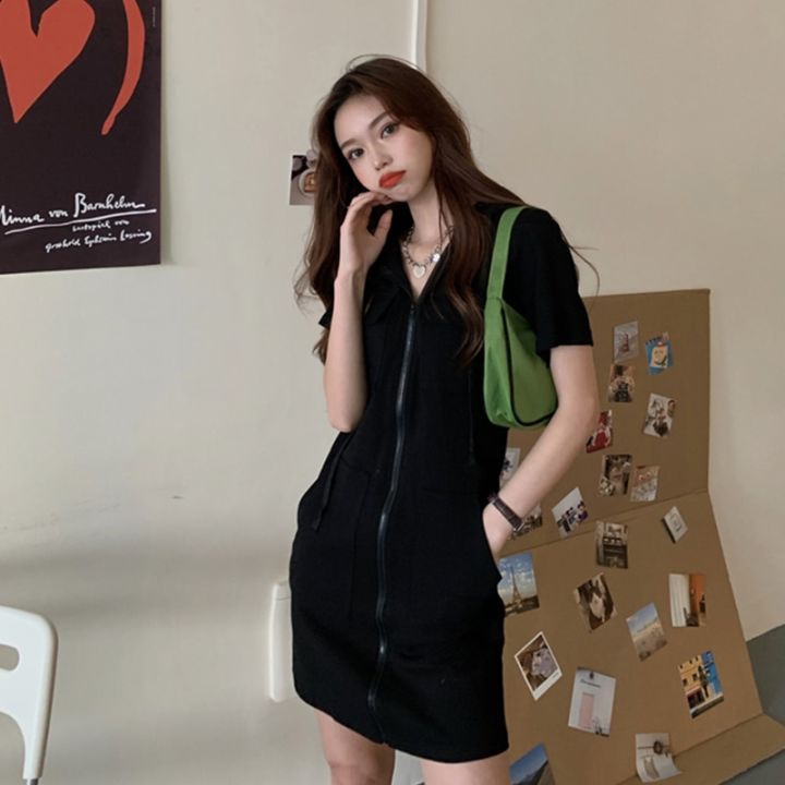 Short%20Sleeve%20Dress%20Women%20Zipper%20Pocket%20Hooded%20Stylish%20Solid%20Dresses%20Korean-style%20Street-wear%20Girls%20Loose%20Casual%20Fashion%20Ulzzang%20-%20Image%202