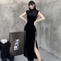 Gothic Women Dress Cheongsam Chinese Style Long Dresses Vintage Velvet Long Sleeve Side Split Lace Up Women Goth 2021.