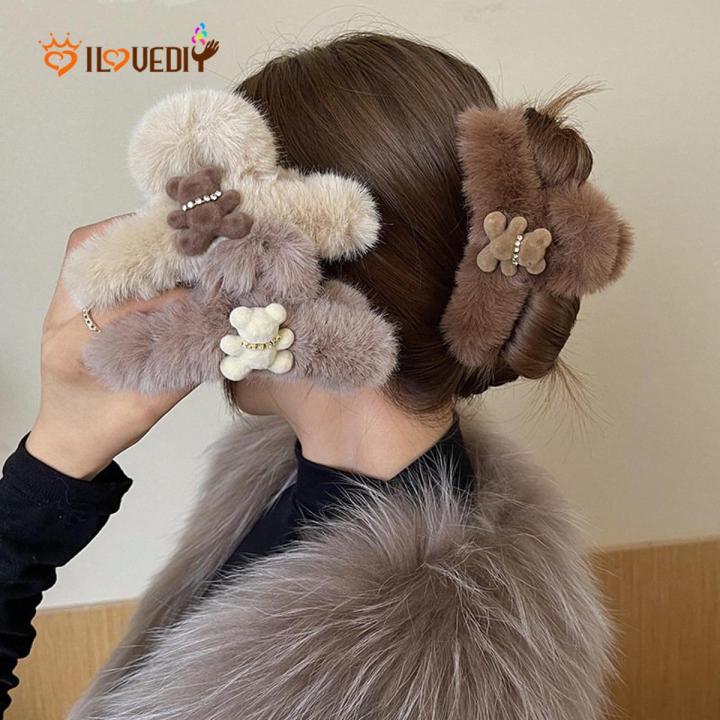 Barrette Rhinestone Temperament Shark Clip Fluffy Plush Bear Hairpin Flocking Hair Clip Imitation Rabbit Cute Lovely Large Hair Claws Girl Sweet Hair Accessories Fashion