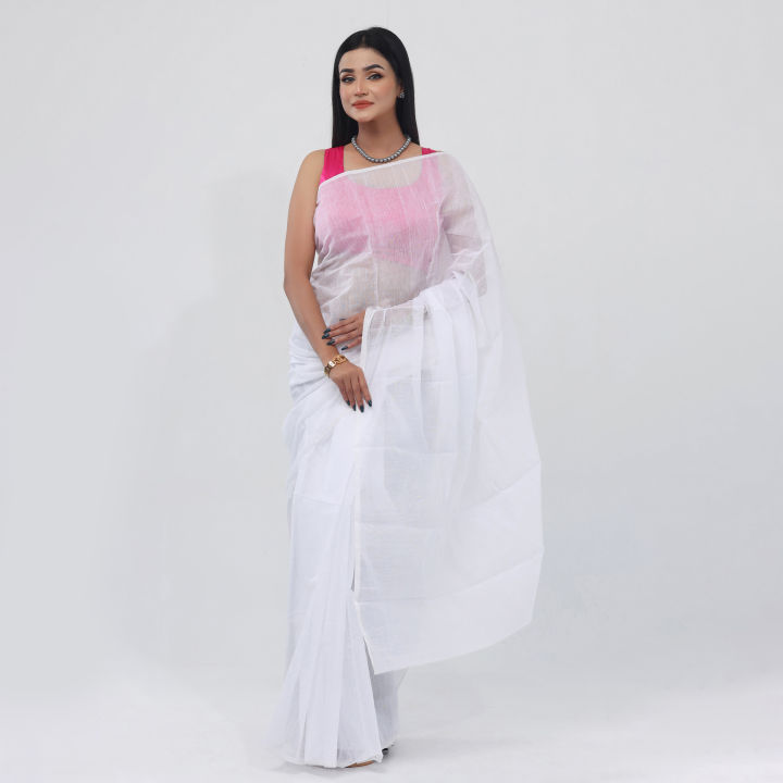 Japanese Half Silk Saree for Women - White Color Flat Muslin Saree - Suitable for Any Season