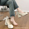 42 Plus Size Single Shoes Women's Spring Summer 2023 New Square Toe Block Heel Straight Buckle Strap Heels Bow. 