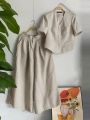 Women's Summer Vintage Short Sleeve Blouse Wide Leg Pants Sets Women 2PCS Solid Matching Sets Casual Loose Tracksuit Outfits.