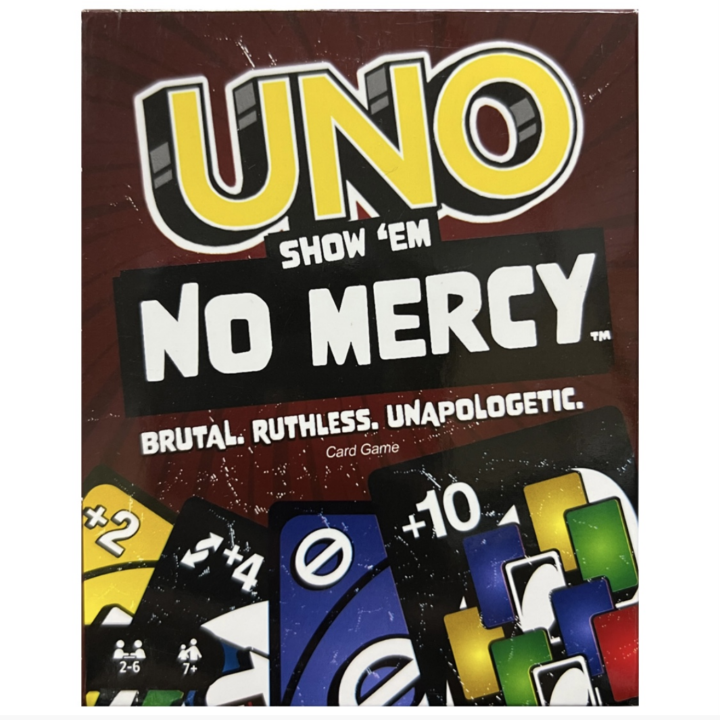 Mattel Games UNO Show ‘em No Mercy Card Game in Storage & Travel Tin for Kids, Adults & Family Night with Extra Cards, Special Rules & Tougher Penalties