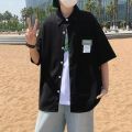 Hong Kong Style Solid Color Labeling Short-Sleeved Shirt for Boys Summer Trendy Japanese Loose Casual Half Sleeves Shirt Coat Cardigan. 
