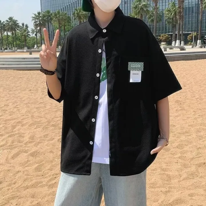 Hong%20Kong%20Style%20Solid%20Color%20Labeling%20Short-Sleeved%20Shirt%20for%20Boys%20Summer%20Trendy%20Japanese%20Loose%20Casual%20Half%20Sleeves%20Shirt%20Coat%20Cardigan%20-%20Image%203