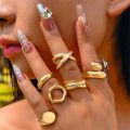 Enacolor Elegant Gold Metal Rings Exaggerated Geometric Arcs Open Ring Set for Women Accessories. 