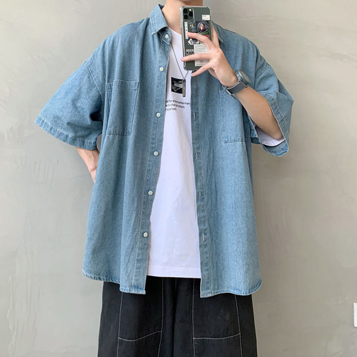 Summer%20Brand%20Denim%20Shirt%20Men%20Short%20Sleeve%20Cargo%20Shirt%20Coat%20Loose%20University%20Handsome%20Top%20Clothes%202023%20Cowboy%20Oversize%20-%20Image%206