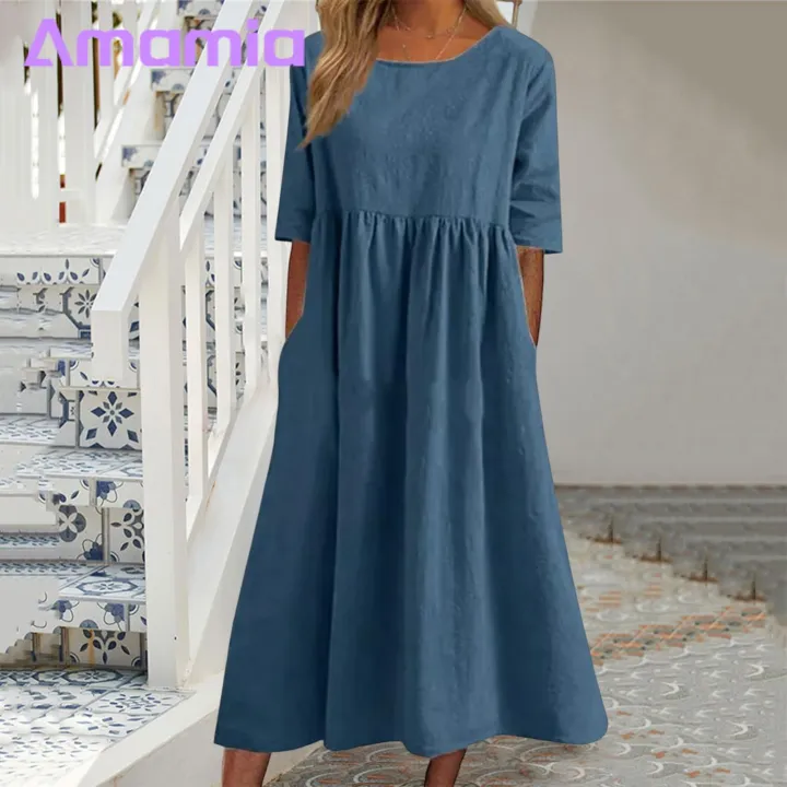 Amamia%20Casual%20Dress%20Pockets%20Women%20Pleated%20Flowy%20Hem%20Solid%20Midi%20Dress%20-%20Image%204