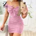 Zentora Party Dress Casual Plaid Print Off Shoulder Bodycon Dress. 