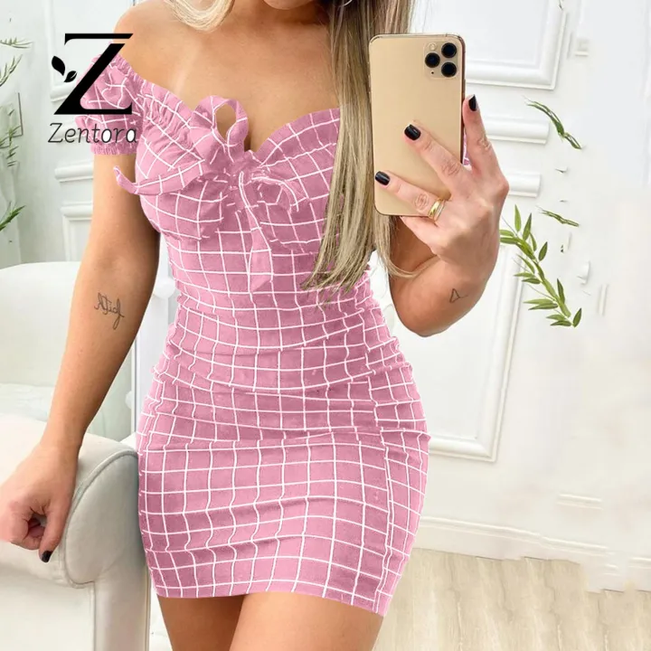 Zentora%20Party%20Dress%20Casual%20Plaid%20Print%20Off%20Shoulder%20Bodycon%20Dress%20-%20Image%203