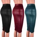 Women High Waist Split Faux Leather Knee Length Pencil Skirt. 