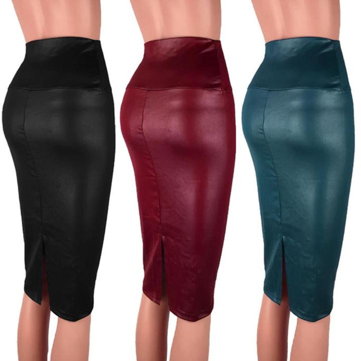 Women%20High%20Waist%20Split%20Faux%20Leather%20Knee%20Length%20Pencil%20Skirt%20-%20Image%203