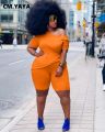 CM.YAYA Women Plus Size Solid Two Piece Set Fashion Off Shoulder T-shirt and Shorts Matching Set Streetwear Tracksuit Outfits. 