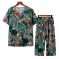 Middle-aged and elderly cotton silk pajamas, women's summer thin short-sleeved two-piece suits, summer cotton cotton silk home clothes can be worn outside. 