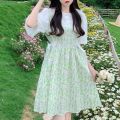 Japanese Sweet Girl Fake Two-Piece Doll Collar Dress Female Students Summer Waist Slimming A Floral Skirt.