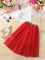 2PCS Summer Child Girl Clothes Set Short Sleeve Shoulder Leakage T-shirt+Mesh Skirt College Style Costume for Kid Girl 8-12Years.