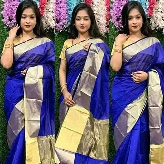 Blue Body and Golden Par Tangail Half Silk Traditionala Saree for Women Girl and Ladies for Ocasional Use Without Blouse Pice