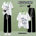 Summer Little Fresh Suit Girl Korean Loose Bear Polo Collar T T-shirt + Wide Leg Pants Two-Piece Suit Fashion. 