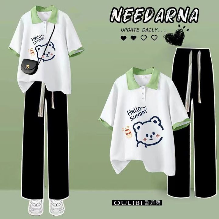Summer%20Little%20Fresh%20Suit%20Girl%20Korean%20Loose%20Bear%20Polo%20Collar%20T%20T-shirt%20+%20Wide%20Leg%20Pants%20Two-Piece%20Suit%20Fashion%20-%20Image%204