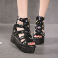 Summer 2024 New Roman Sandals High Heel Color-Blocked Cross Tie Up Women's Shoes 12cm Heel Wedge Fishbill Shoes. 