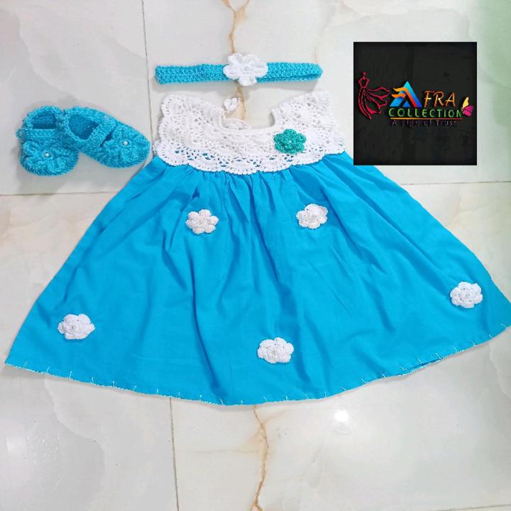 Kushi kata Cotton Frock,hair band and Shoes for Kids - বাচ্চাদের জামা