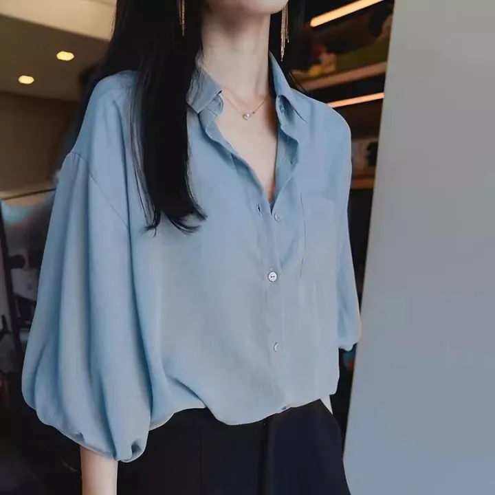 2024%20Summer%20New%20Korean%20Style%20Fifth%20Sleeve%20Shirt%20Women's%20Chiffon%20Bishop%20Sleeves%20Top%20Retro%20Loose%20Solid%20Color%20Shirt%20Fashion%20-%20Image%202