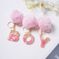Cute Keyring Pink Pompom Fur Ball 26 Letter Keychain Resin Key Chains Handbag Charms For Woman Ornaments Accessories Gift ANLAN.