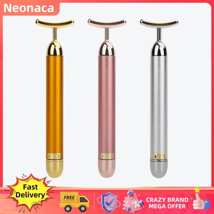 24k Golden Facial Roller Massager T Shape Vibrating Face Lifting Energy Beauty Bar Body Skin Massage Device Face Care Tools KKhao