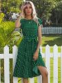 Women Polka Dot Print Vestido summer Elegant High Waist Short Sleeve Midi Dresses 2023 Beach Casual Floral Pleat A-line Sundress. 