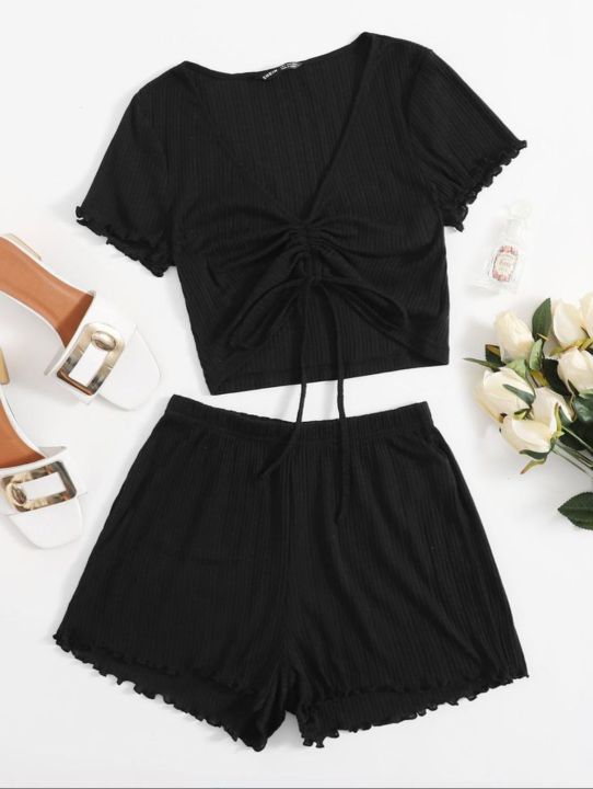 half sleeve comfortable Crop Tops and bottom Piping Set for Women