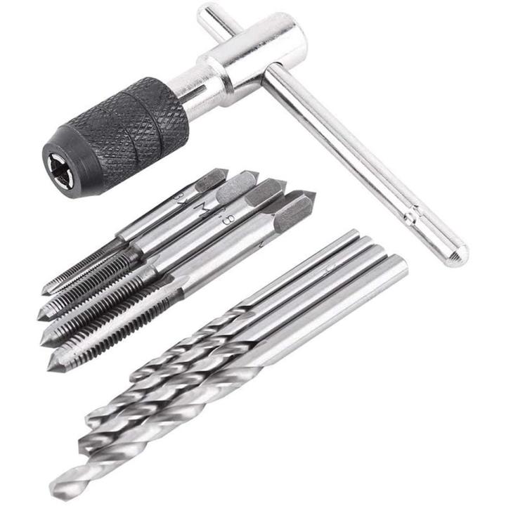 9Pcs Adjustable T-Handle Ratchet Tap Holder Wrench Tool with M3-M6 Screw Thread Metric Plug Tap and 2.5-5.0mm Twist Drill Bit