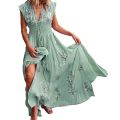 Elegant Vintage Women Maxi Dress Sleeveless V Neck Floral Print Large Hem Long Polyester Dress for Party Dating Daily.