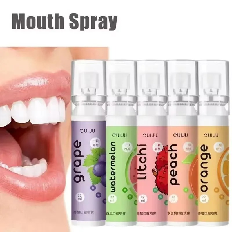 Oral Fresh Spray Mouth Freshener 6 Smell Fresh Breath Mouth Fruit Litchi Peach Grape Flavor Persistent Portable Oral Care-1 pc only