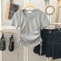 2023 Summer Design Sense Niche Hot Girl Shoulder Short Sleeve New Korean Style Top T T-shirt Slimming round Neck Yoga Clothes.