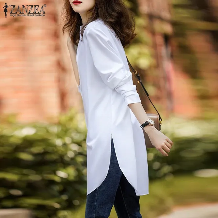 ZANZEA%20Women%20Casual%20Loose%20Button%20Up%20Shirt%20Solid%20Loose%20Side%20Slit%20Office%20Blouse%20Tops%20-%20Image%202