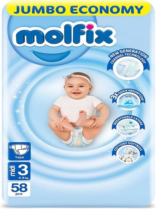 Molfix 3 Tape Baby Diaper 4-9kg 58 Pcs Pack, Made in Turkey
