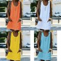 Womens Pocket Dress Beach Cotton Linen Ladies Sleeveless Summer UK Dresses.