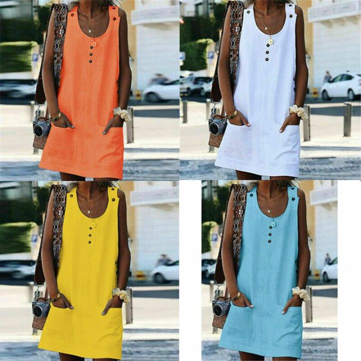 Womens Pocket Dress Beach Cotton Linen Ladies Sleeveless Summer UK Dresses
