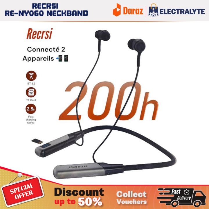 Recrsi RE-NY060 Bluetooth Neckband Wireless Bluetooth Neckband– 200 Hours Playback, Long Battery Life, HD Sound