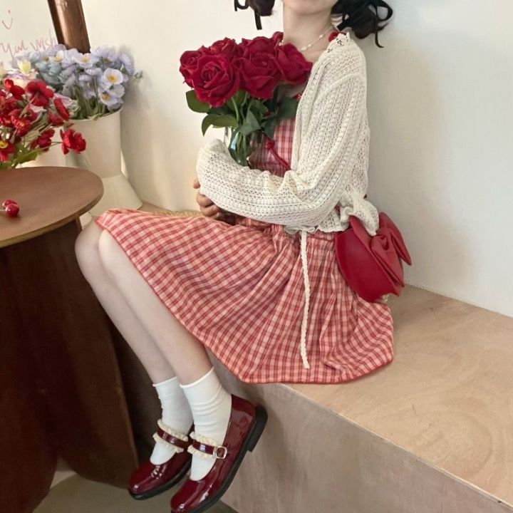 Korean%20Sweet%20and%20Lovely%20Girl%20S-8xl%20Plus%20Size%20Hollow%20Out%20Sun%20Protection%20Cardigan%20Strawberry%20Plaid%20Halting%20Dress%20Two-piece%20Set%20-%20Image%203