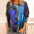 Women Blouse Round Neck Abstract Face Print Long Sleeve Blouse. 