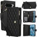 YM016 Rhombic Zipper Card Wallet Leather Phone Case with Lanyard For Google Pixel 8 Pro. 