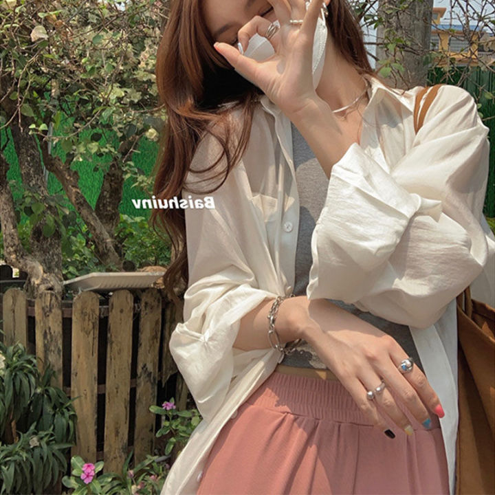 White Water Sun-Proof Chiffon Shirt for Women Spring and Summer New Western Style Youthful-Looking All-Match White Long-Sleeved Shirt for Women