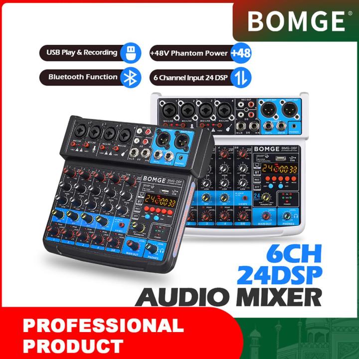 BOMGE 6 Channel mini DJ Audio Sound Mixer Interface with MP3、 USB, Bluetooth , Stereo Recording, 48V Phantom Power, 24 DSP for karaoke, performance, church singing , streaming