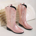 Western Cowboy Boots 2024 Winter Fashion Mid-calf Women's Boots Retro Pointed Toe Slip-on Mid Heel Pink Boots Shoes for Women. 