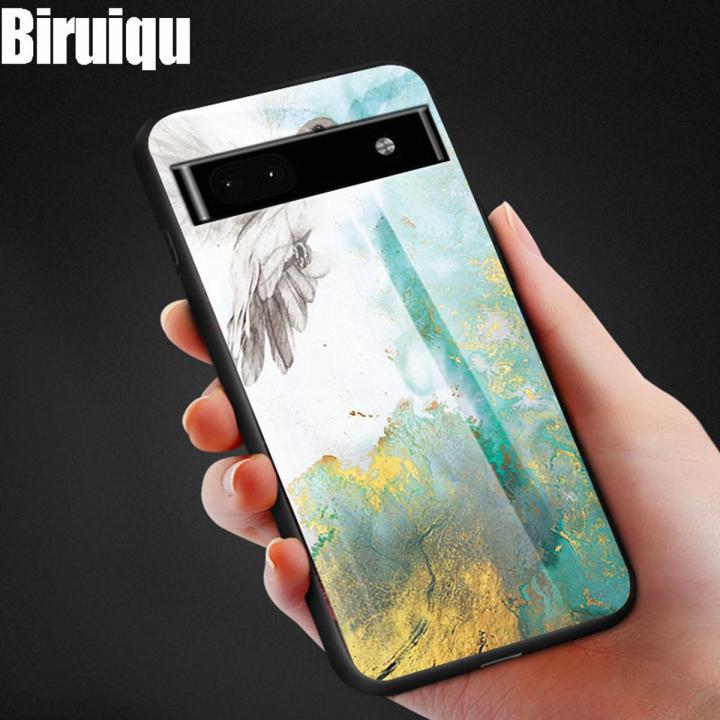 Biruiqu For Google Pixel 6A Shockproof Fashion Marble Tempered Glass Back Case Cover